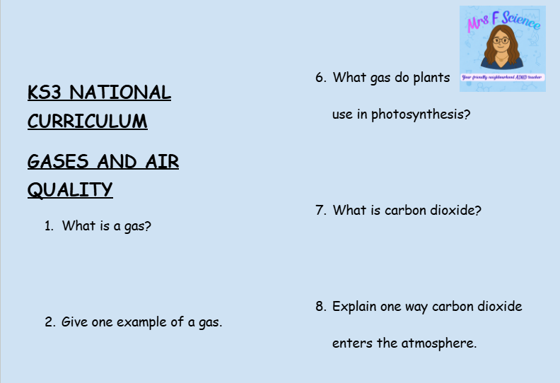 KS3 Science Gases and Air Quality Retrieval Questions | National Curriculum | 30 Questions