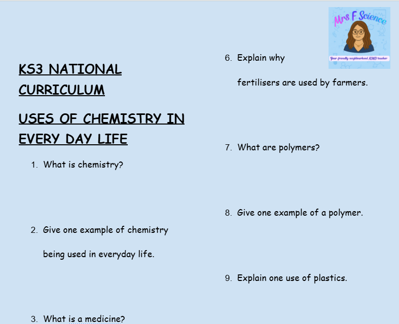 KS3 Science Uses of Chemistry in Everyday Life Retrieval Questions | National Curriculum | 30 Questions