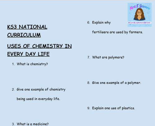 KS3 Science Uses of Chemistry in Everyday Life Retrieval Questions | National Curriculum | 30 Questions
