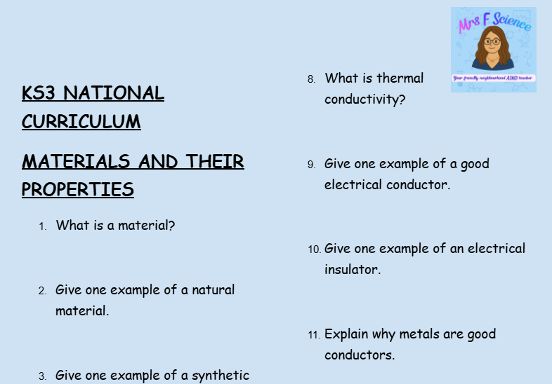 KS3 Science Materials and Their Properties Retrieval Questions | National Curriculum | 30 Questions