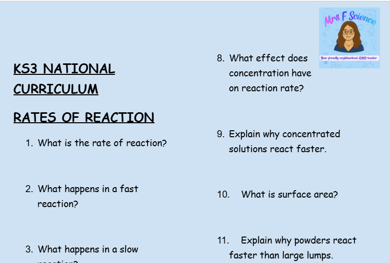 KS3 Science Rates of Reaction Retrieval Questions | National Curriculum | 30 Questions