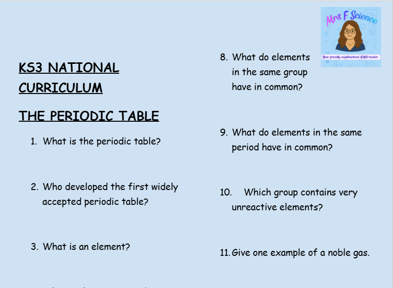 KS3 Science The Periodic Table Retrieval Questions | National Curriculum | 30 Questions