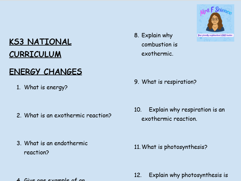 KS3 Science Energy Changes Retrieval Questions | National Curriculum | 30 Questions