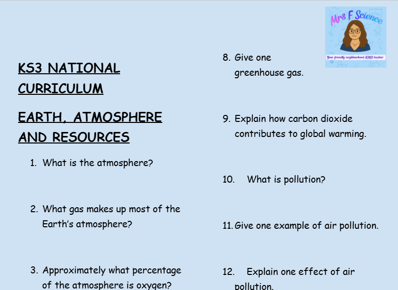 KS3 Science Earth, Atmosphere and Resources Retrieval Questions | National Curriculum | 30 Questions