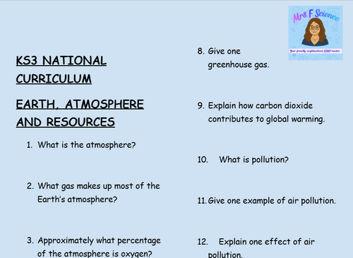 KS3 Science Earth, Atmosphere and Resources Retrieval Questions | National Curriculum | 30 Questions