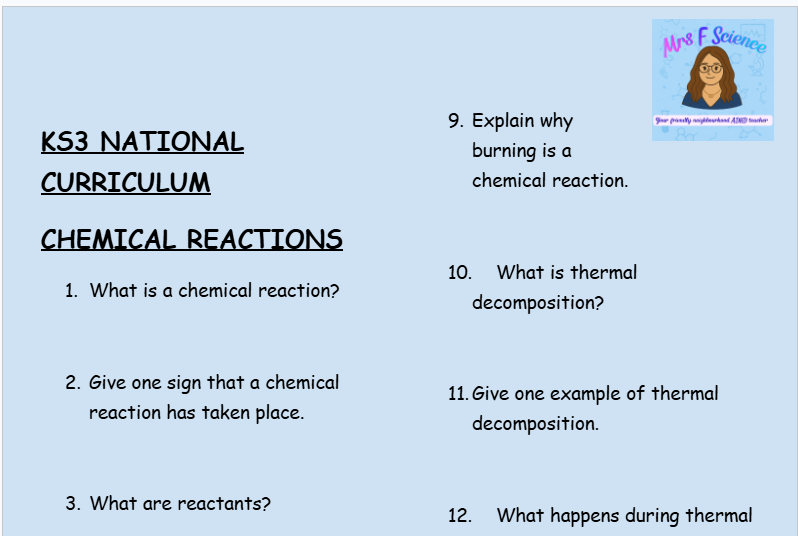 KS3 Science Chemical Reactions Retrieval Questions | National Curriculum | 30 Questions