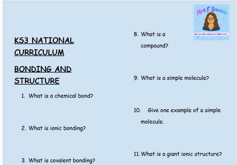 KS3 Science Bonding and Structure Retrieval Questions | National Curriculum | 30 Questions
