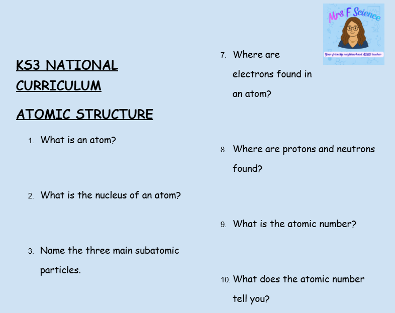 KS3 Science Atomic Structure Retrieval Questions | National Curriculum | 30 Questions