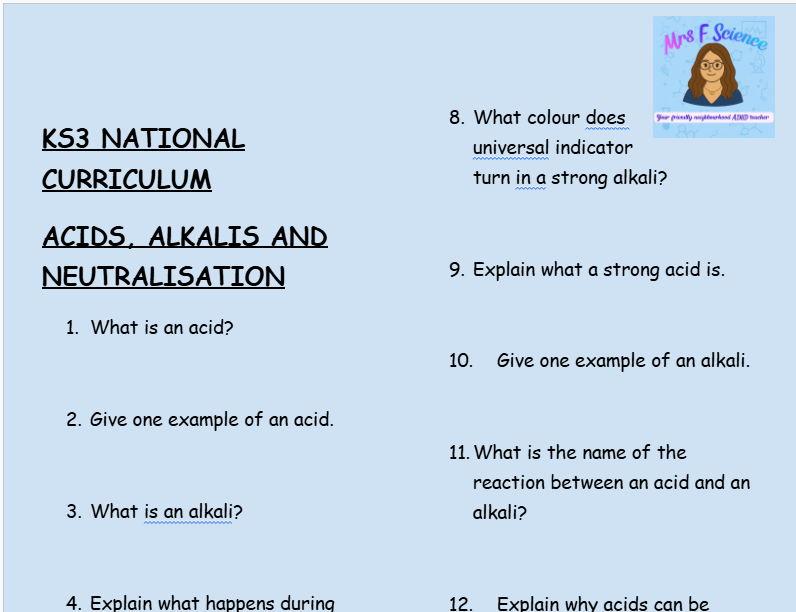 KS3 Science Acids, Alkalis and Neutralisation Retrieval Questions | National Curriculum | 30 Questions