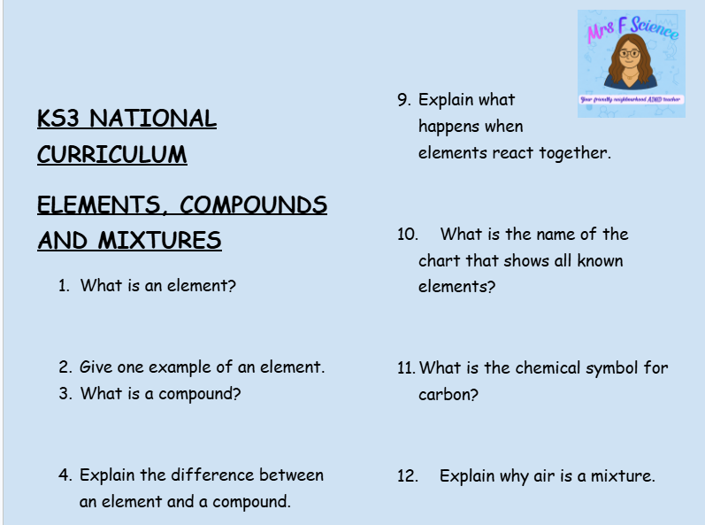 KS3 Science Elements, Compounds and Mixtures Retrieval Questions | National Curriculum | 30 Questions