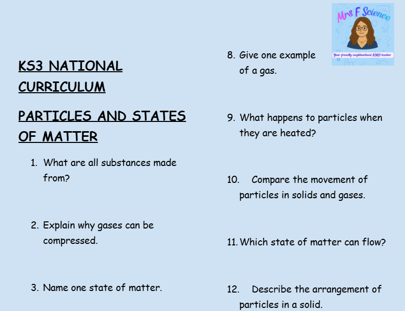 KS3 Science Particles and States of Matter Retrieval Questions | National Curriculum | 30 Questions