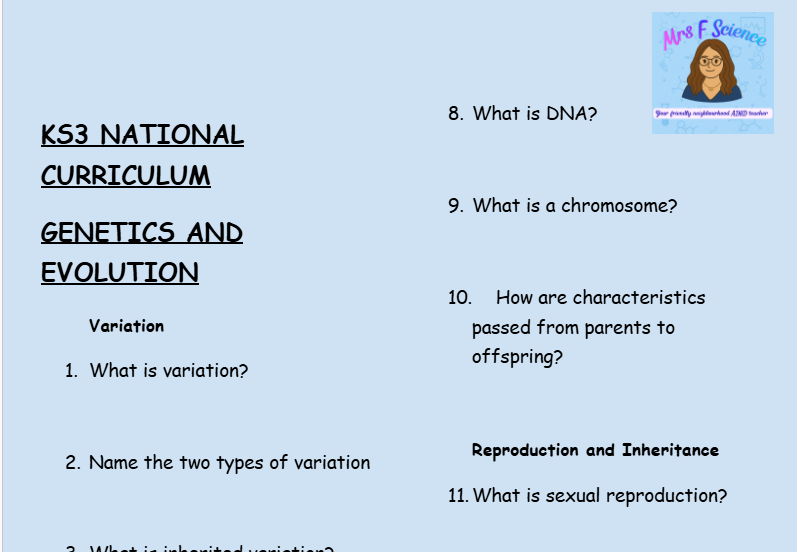 KS3 Science Genetics and Evolution Retrieval Questions | National Curriculum | 30 Questions