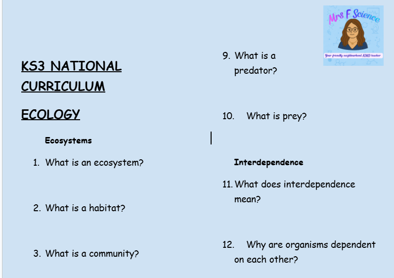 KS3 Science Ecology Retrieval Questions | National Curriculum | 30 Questions
