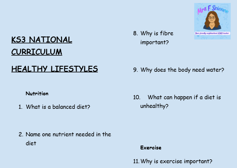 KS3 Science Healthy Lifestyle Retrieval Questions | National Curriculum | 30 Questions