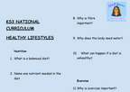 KS3 Science Healthy Lifestyle Retrieval Questions | National Curriculum | 30 Questions