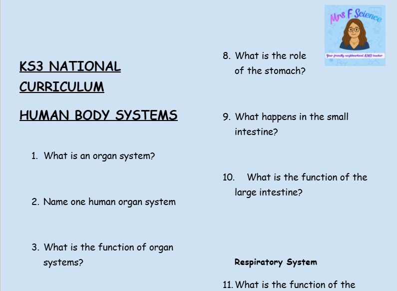 KS3 Science Human Body Systems Retrieval Questions | National Curriculum | 30 Questions