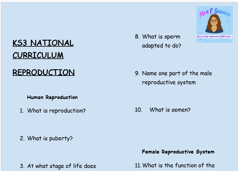 KS3 Science Reproduction Retrieval Questions | National Curriculum | 30 Questions