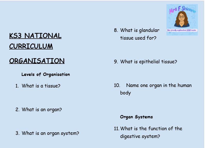 KS3 Science Organisation Retrieval Questions | National Curriculum | 30 Questions