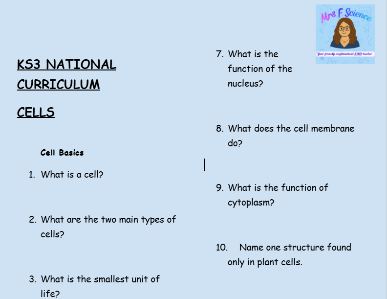 KS3 Science Cells Retrieval Questions | National Curriculum | 30 Questions