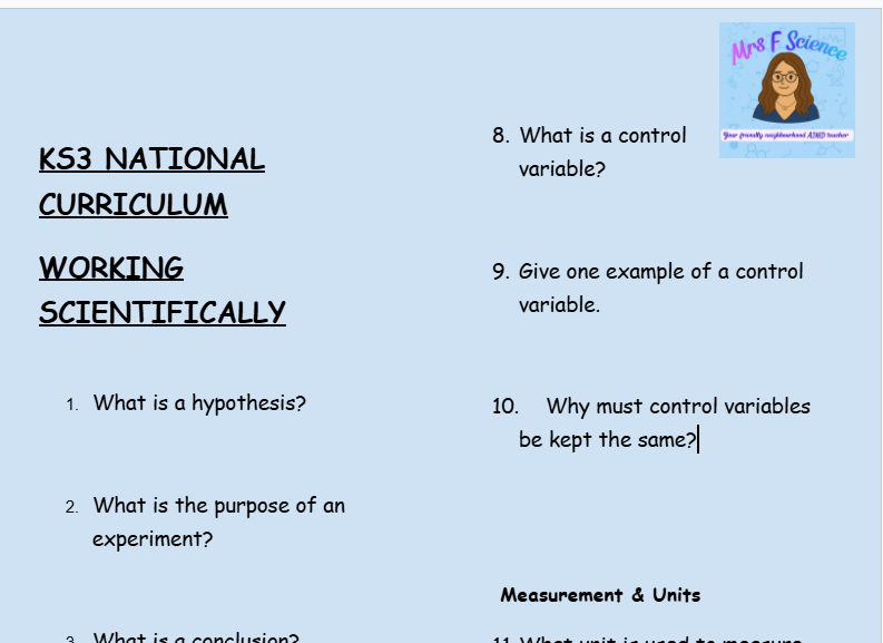 KS3 Science Working Scientifically Retrieval Questions | National Curriculum | 30 Questions