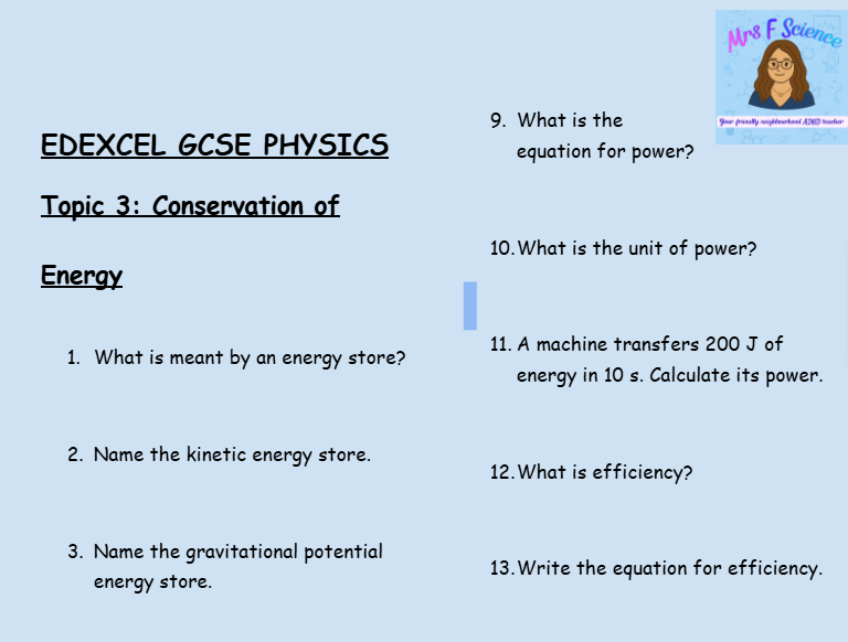 Conservation of Energy – GCSE Physics Topic 3 Retrieval Questions | Edexcel