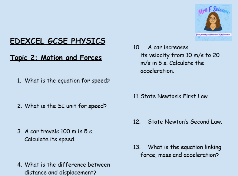 Movement and Forces – GCSE Physics Topic 2 Retrieval Questions | Edexcel