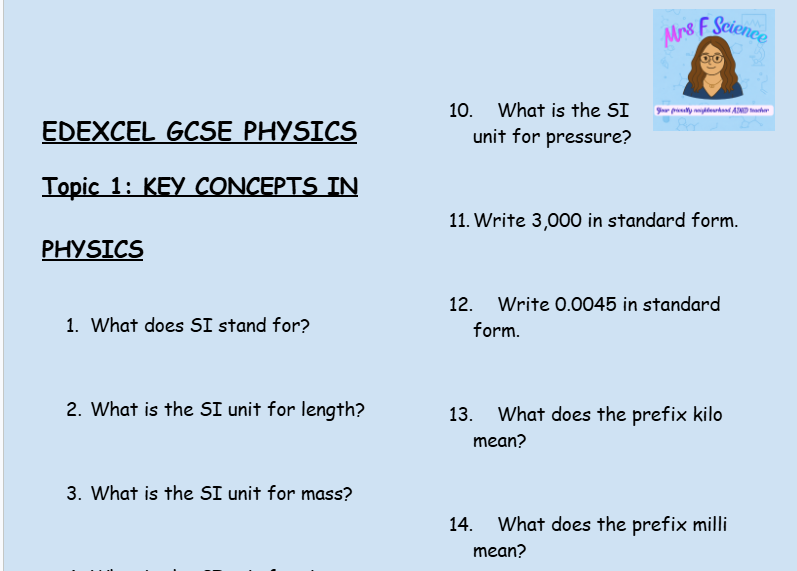 Key Concepts in Physics – GCSE Physics Topic 1 Retrieval Questions | Edexcel