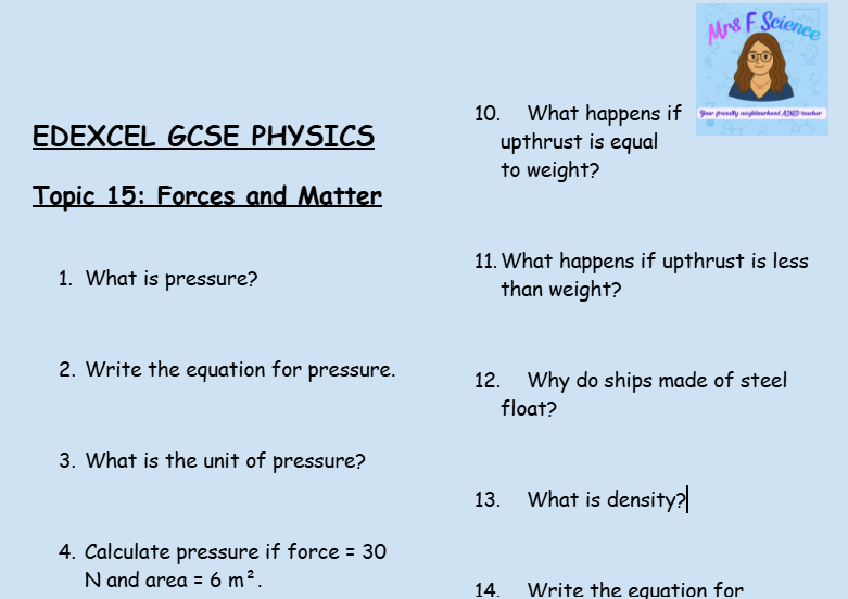 Forces and Matter – GCSE Physics Topic 15 Retrieval Questions | Edexcel