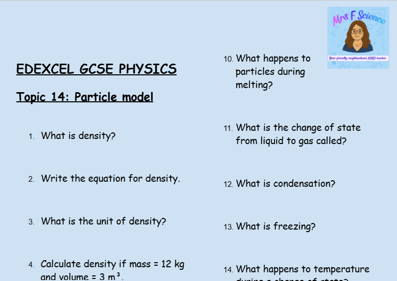 Particle Model of Matter – GCSE Physics Topic 14 Retrieval Questions | Edexcel