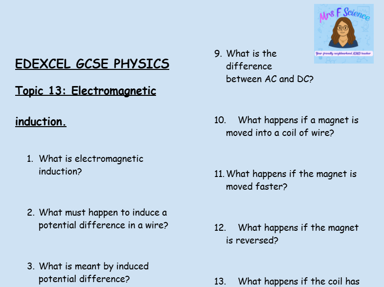 Electromagnetic Induction – GCSE Physics Topic 13 Retrieval Questions | Edexcel