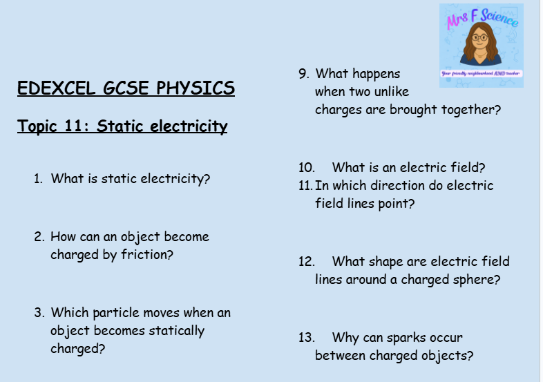 Static Electricity – GCSE Physics Topic 11 Retrieval Questions | Edexcel