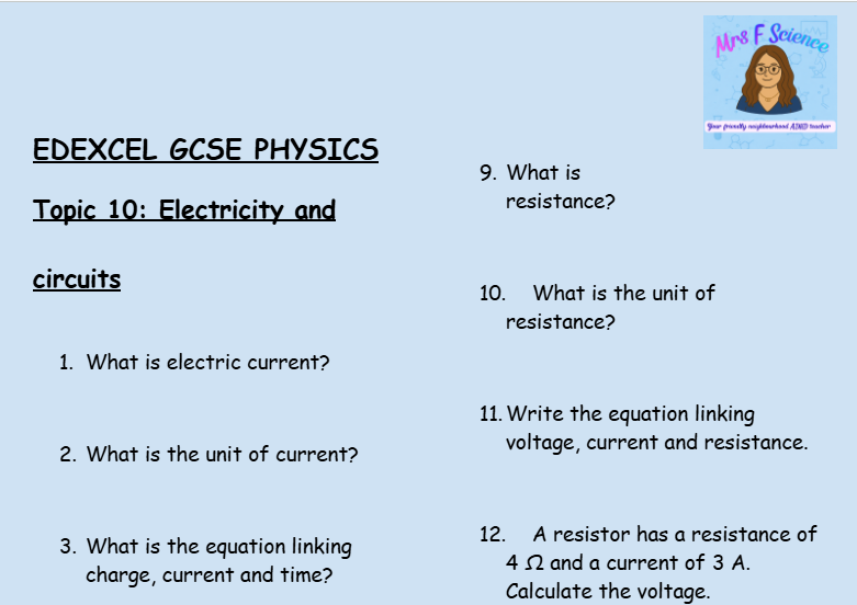 Electricity and Circuits – GCSE Physics Topic 10 Retrieval Questions | Edexcel