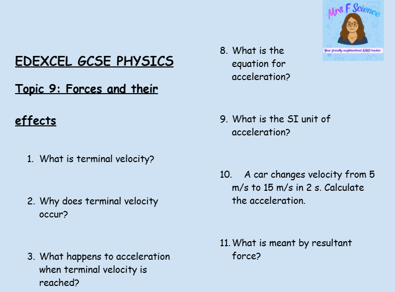 Forces and Their Effects – GCSE Physics Topic 9 Retrieval Questions | Edexcel