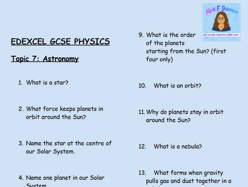 Astronomy – Topic 7 GCSE Physics Retrieval Questions | Edexcel