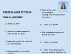 Astronomy – GCSE Physics Topic 7 Retrieval Questions | Edexcel | PDF Digital Download
