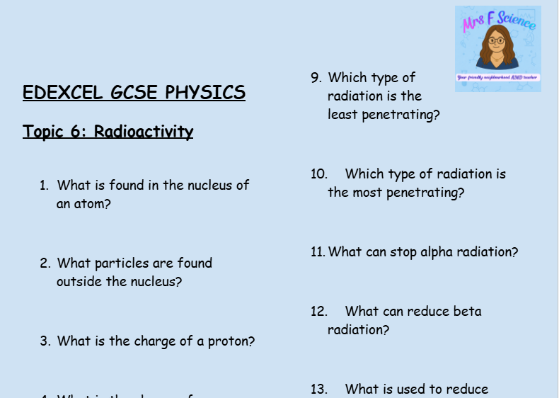 Radioactivity – GCSE Physics Topic 6 Retrieval Questions | Edexcel