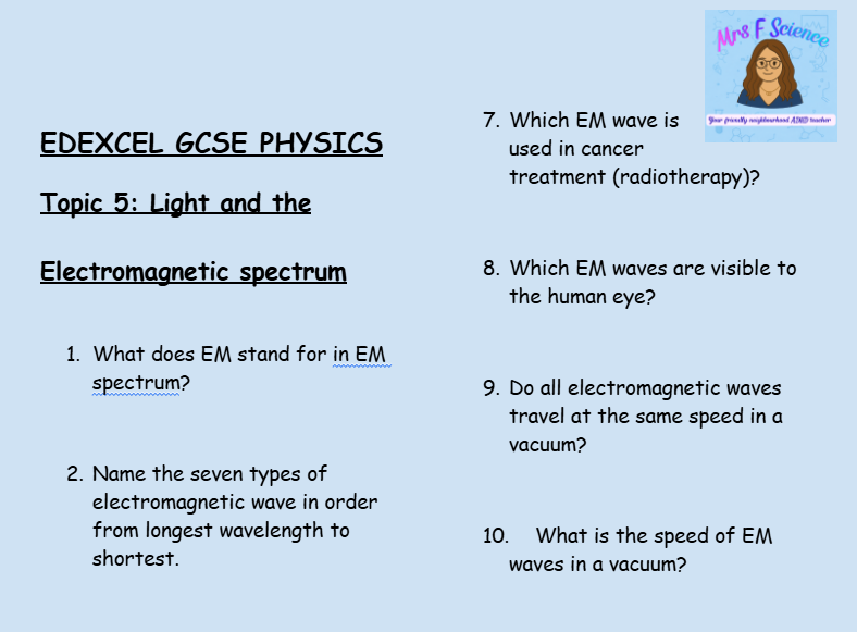 Light and the Electromagnetic Spectrum – GCSE Physics Topic 5 Retrieval Questions | Edexcel