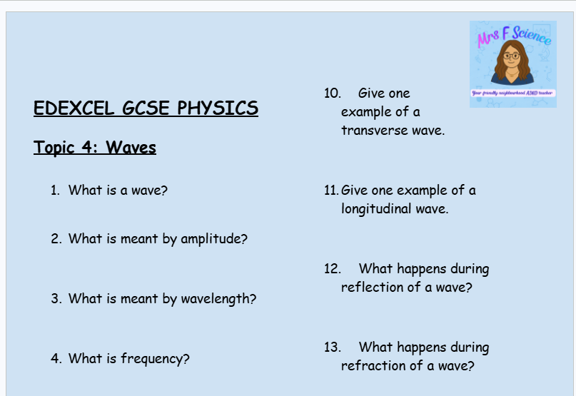 Waves – GCSE Physics Topic 4 Retrieval Questions | Edexcel