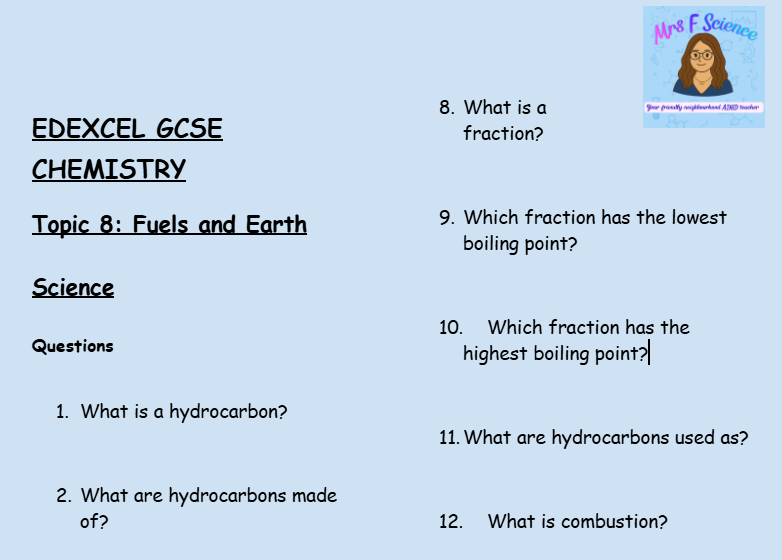 Fuels and Earth Science – GCSE Chemistry Topic 8 Retrieval Questions | Edexcel