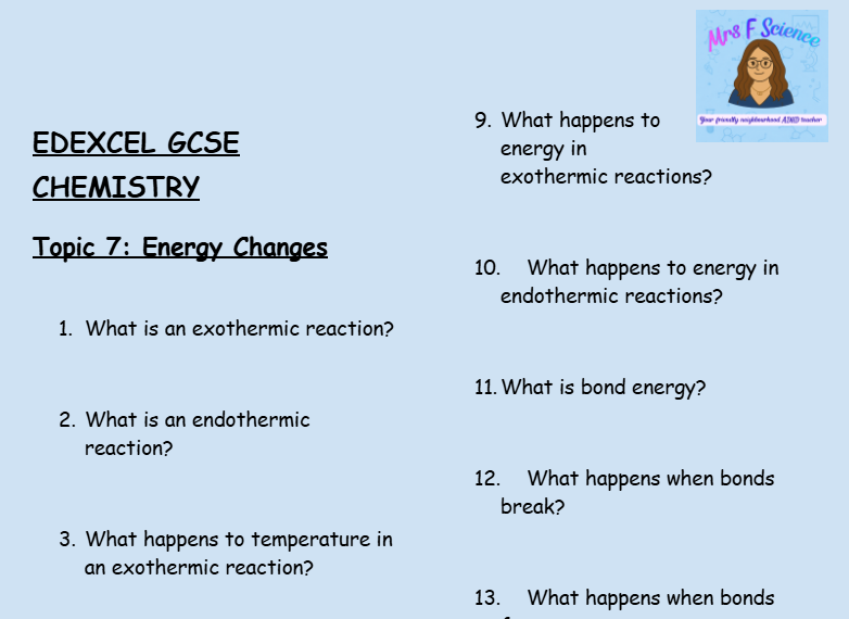 Energy Changes – GCSE Chemistry Topic 7 Retrieval Questions | Edexcel