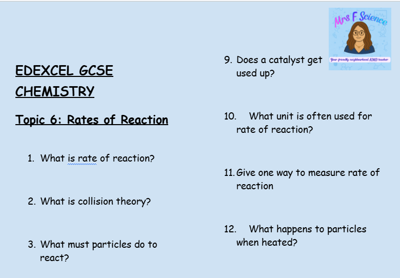 Rates of Reaction – GCSE Chemistry Topic 6 Retrieval Questions | Edexcel