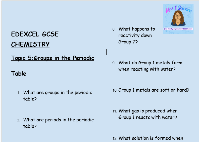 Groups in the Periodic Table – GCSE Chemistry Topic 5 Retrieval Questions | Edexcel