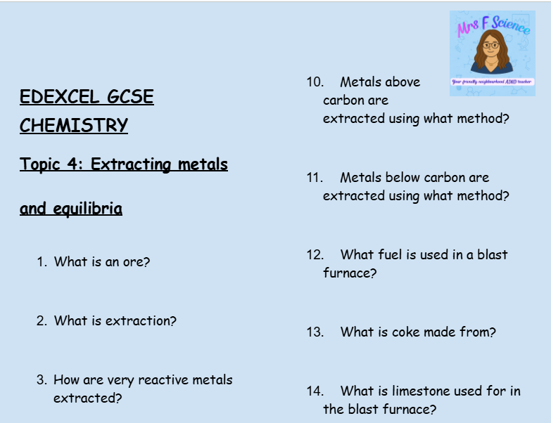 Extracting Metals and Equilibria – GCSE Chemistry Topic 4 Retrieval Questions | Edexcel