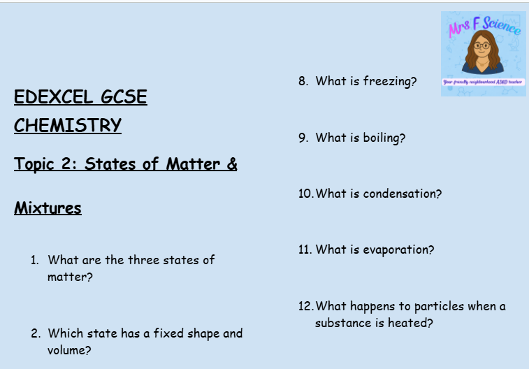 States of Matter and Mixtures – GCSE Chemistry Topic 2 Retrieval Questions | Edexcel