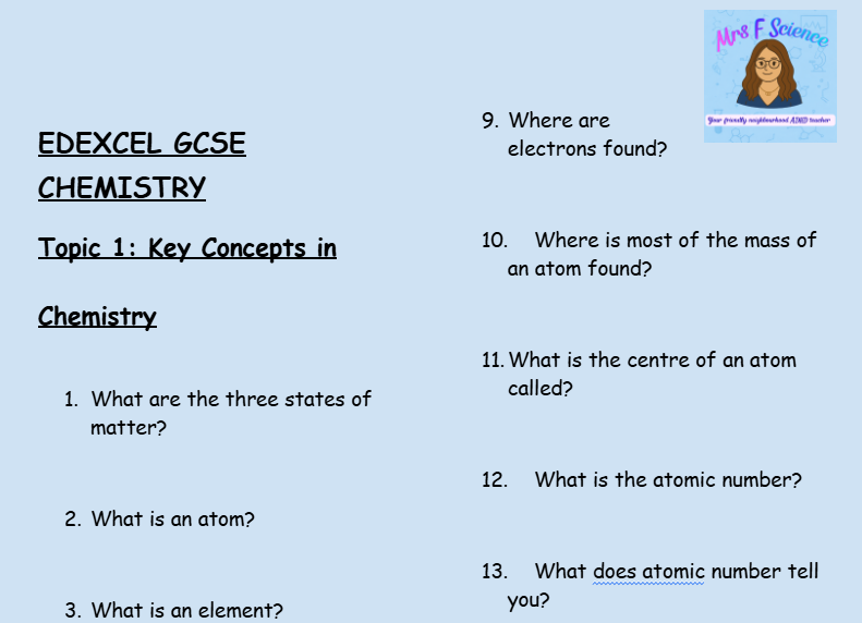 Key Concepts in Chemistry – GCSE Chemistry Topic 1 Retrieval Questions | Edexcel