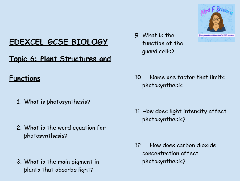 Plant Structures and Functions – GCSE Biology Topic 6 Retrieval Questions | Edexcel