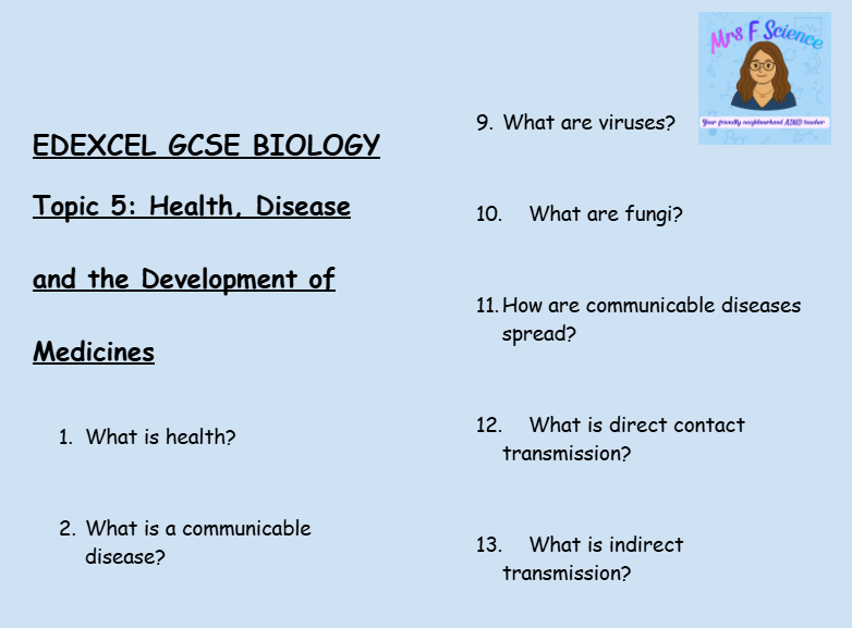 Health, Disease and the Development of Medicines – GCSE Biology Topic 5 Retrieval Questions | Edexcel