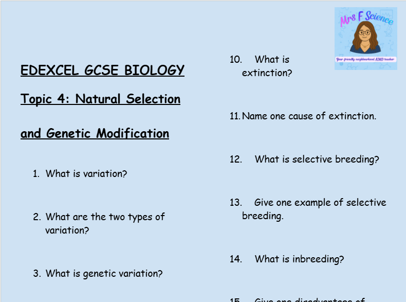 Natural Selection and Genetic Modification – GCSE Biology Topic 4 Retrieval Questions | Edexcel