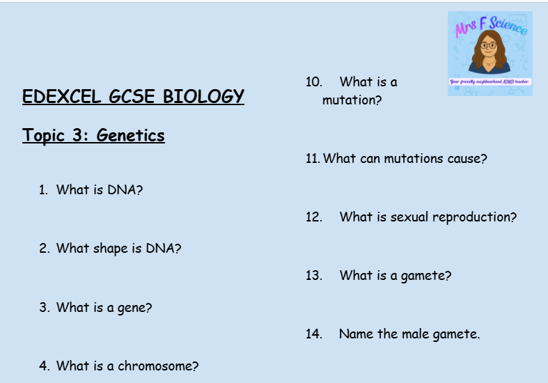Genetics – GCSE Biology Topic 3 Retrieval Questions | Edexcel