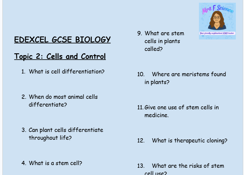 Cells and Control – GCSE Biology Topic 2 Retrieval Questions | Edexcel